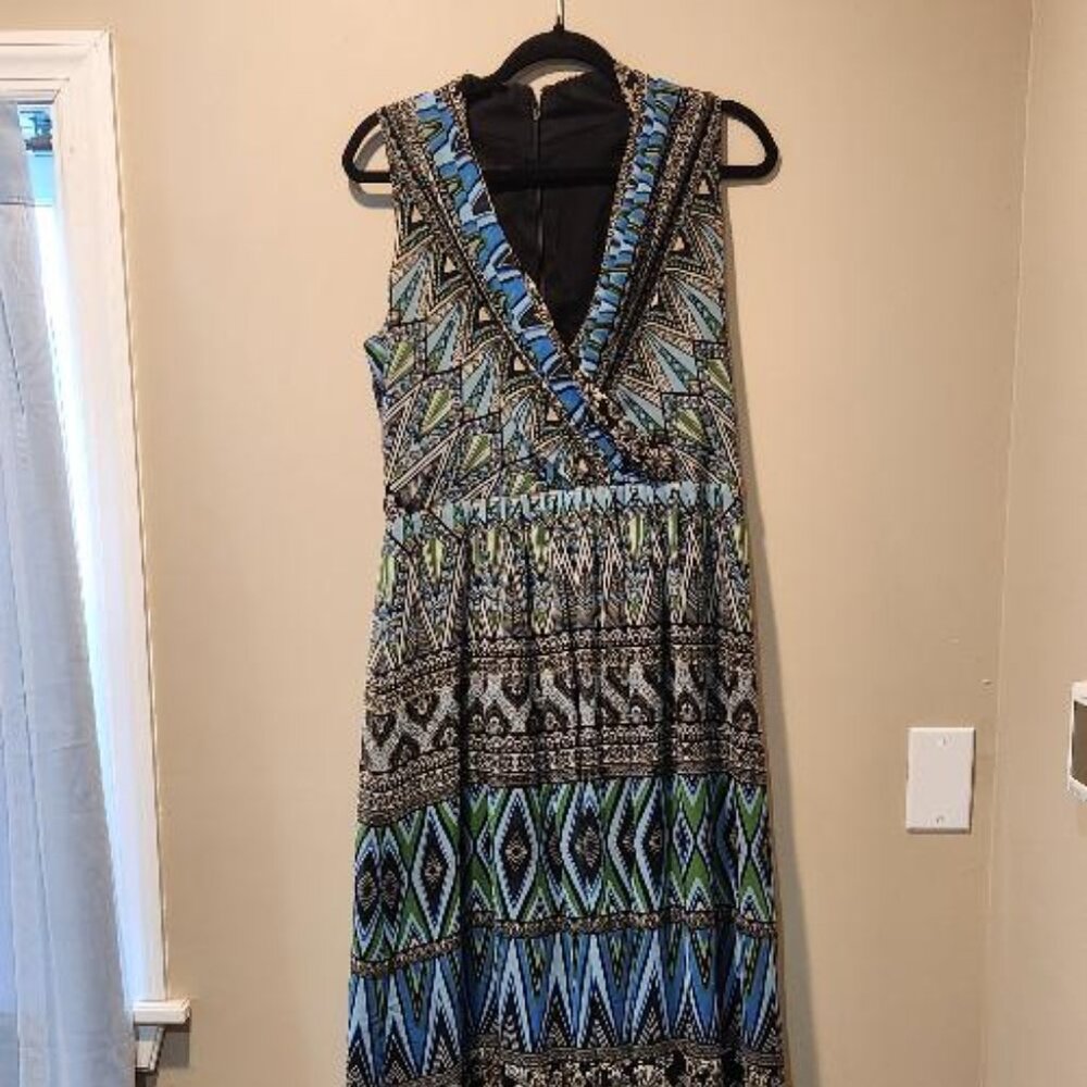 Jones New York Full Length Sleeveless Dress Blue Green Black Geometric pattern